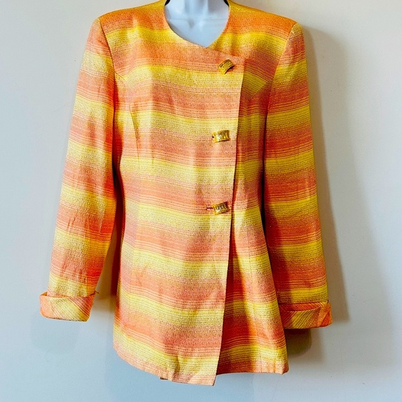 Vintage Yellow, Orange & Gold Metallic Blazer Jacket By Caramia Size 8 - Picture 3 of 14